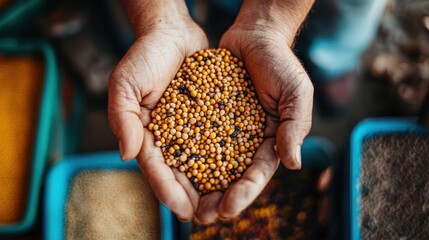 Hands holding a variety of seeds