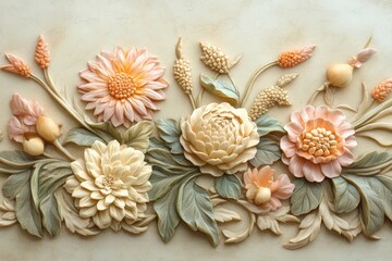 Ornate floral design in pastel colors,  a decorative relief.