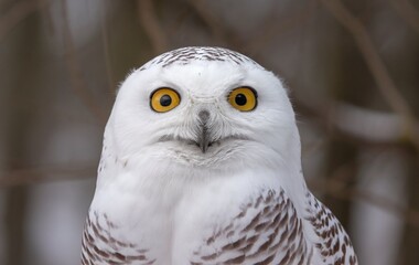 Obraz premium A close-up shot of a snowy owl with its eyes wide open and looking directly at the camera