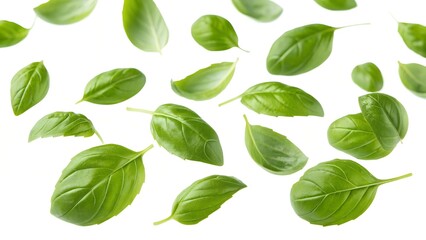 Fototapeta premium Fresh Basil Leaves Falling on White Background