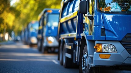 Trucks lined up on the road, leading into the distance