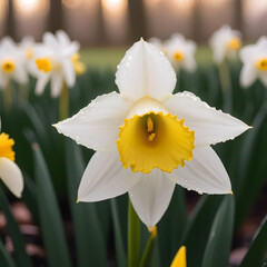 Fototapeta premium White and Yellow Daffodil Flower with Dew Drops in Blooming Field