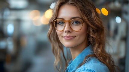 A woman with glasses and a warm smile wearing a denim jacket in a softly lit indoor setting