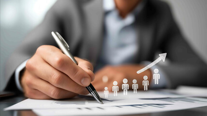 Blurred Businessman examines business paper with pen in hand Virtual upward arrow sign and personel icon in front of the image
