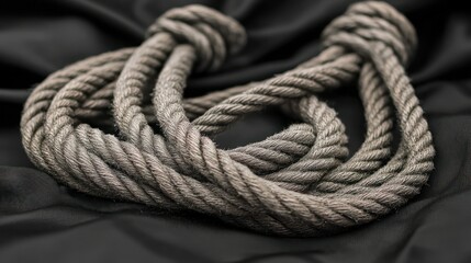 Obraz premium Twisted, looped rope sits on textured, black fabric