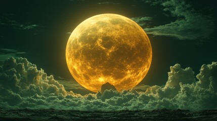 Golden moon rising through dark clouds