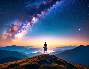 Fototapeta premium Woman silhouetted against breathtaking sunrise and Milky Way galaxy over majestic mountain range.
