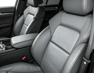 Obraz premium Luxurious grey leather car interior. Close-up of comfortable driver's seat & armrest. Modern car design.