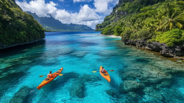 A couple in matching kayaks paddling through a peaceful tropical lagoon, crystal-clear water generative ai