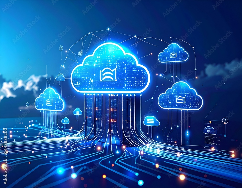 Poster abstract digital illustration of cloud computing network, showcasing data transfer and server connec