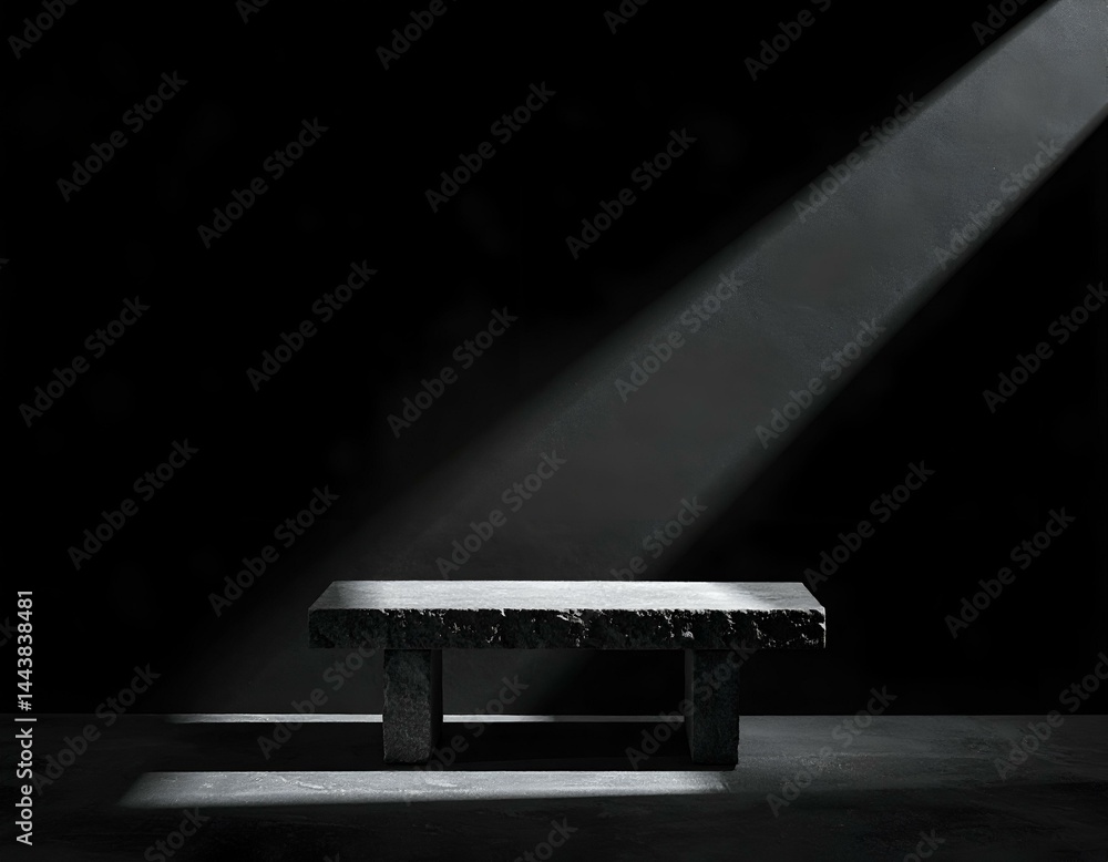 Aufkleber dark, moody image of a rustic stone bench illuminated by a single light beam. ideal for product disp