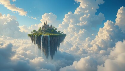 A fantasy island with a castle and waterfalls floats amidst a sea of fluffy white clouds and blue sky