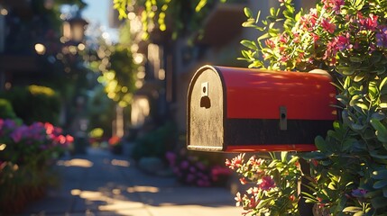 Red mailbox and colorful letters under the sunshine