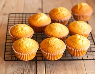 Golden-brown muffins cooling on a wire rack. Delicious homemade bakery treats. Perfect for breakfast or snack.