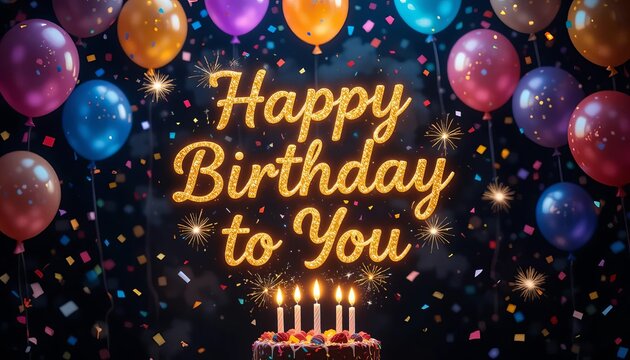 A happy birthday celebration with balloons confetti and a cake with lit candles on a dark background