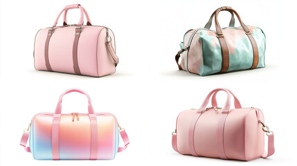 Four stylish duffel bags in pink, pastel, and camo.