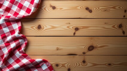 Surreal rustic charm vibrant cinematic composition of polished wooden table with gingham tablecloth accents