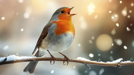 A robin sings beautifully in a snowy winter scene.