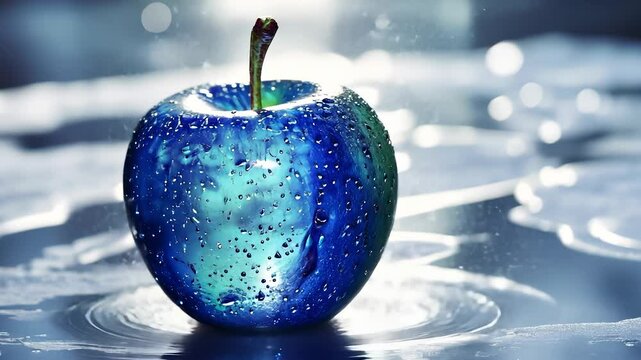 A glass apple with a blue tint and speckled texture sits on a reflective surface, surrounded by soft-focus background highlights, blending art with elements of nature.