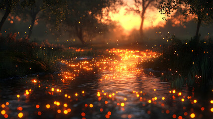 Naklejka premium Magical sunset river, fireflies, forest