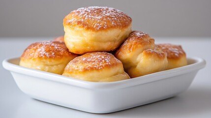 Freshly baked golden pastries on a white square dish, dusted with powdered sugar, close-up view on a neutral background, and delicious homemade treat.