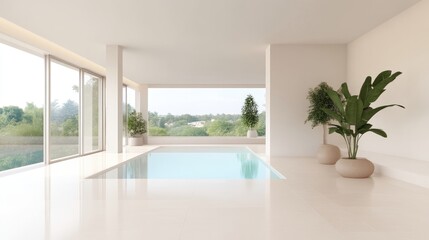 Obraz premium Modern minimalist interior with pool. Spacious, light-filled room with a view