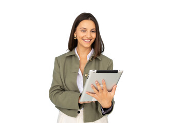 Happy businesswoman using her digital tablet with transparent background