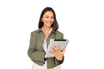 Happy businesswoman using her digital tablet with transparent background