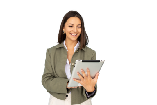 Happy businesswoman using her digital tablet with transparent background