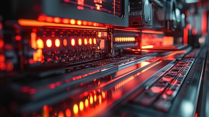 Close-up view of intricate server rack components illuminated by glowing red lights.