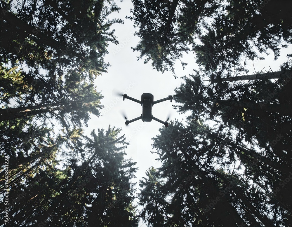 Poster drone flying above a dense forest canopy, sunlight filtering through trees.