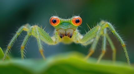 Fototapeta premium Close-up of a tiny, vibrant green jumping spider with large orange eyes