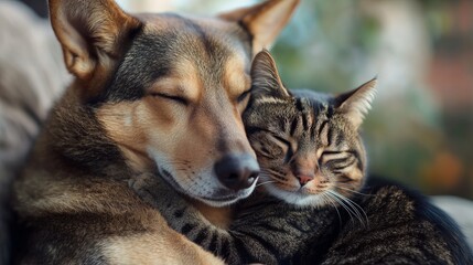 Adorable dog and cat sleeping together peaceful friends sweet embrace pet pets love cute grey cozy
