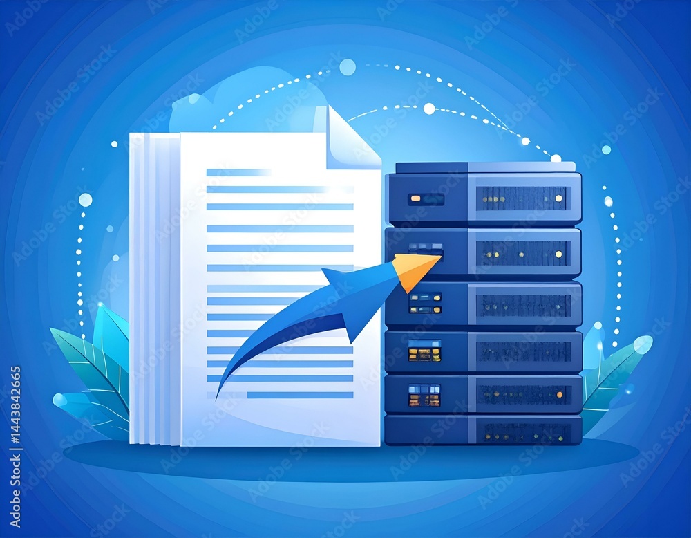 Poster document uploading to server. abstract illustration of data transfer, cloud storage, and digital doc