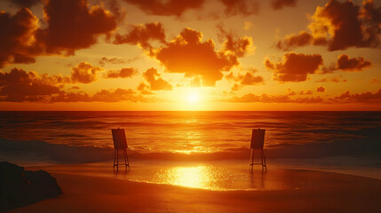 Fototapeta premium Sunset beach, two easels, ocean view, painting inspiration