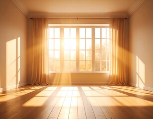 Sunlit empty room with beige curtains and hardwood floor. Perfect for interior design, real estate, or home decor projects.