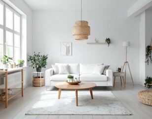 Fototapeta premium Modern minimalist living room interior design with white sofa, wooden coffee table, and plants.