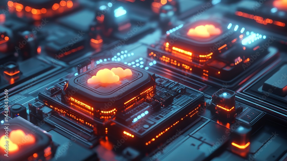 Poster abstract cloud computing server technology digital orange glow network data chip neon dark cyber