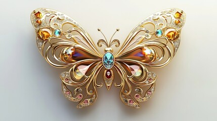 Fototapeta premium Ornate gold butterfly brooch with colorful gemstones.
