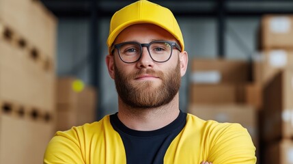 Warehouse worker in yellow uniform