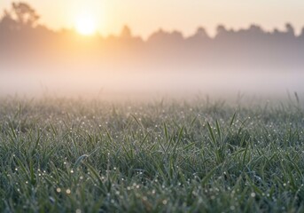 Dewdrops on grass in a misty field illuminate during a serene sunrise, showcasing water droplets on green blades for nature, fresh early morning, and botanical concepts.