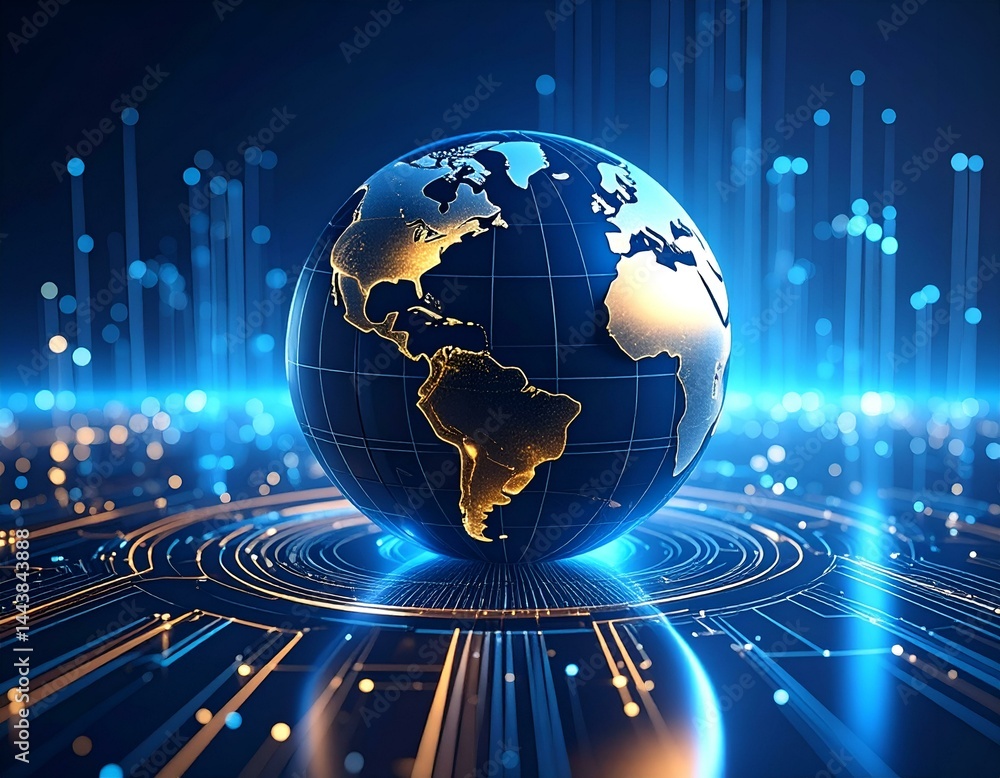 Poster global network connection, digital earth, futuristic technology, glowing lines, abstract background.