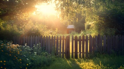 Obraz premium Wooden fence gate under the sunshine and tranquil garden