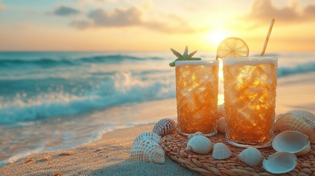 Iced tea drinks on the beach at sunset