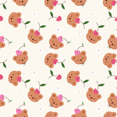 Teddy bears and berries seamless pattern vector background.