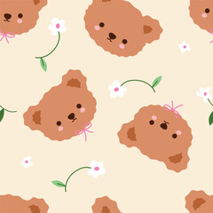 Seamless pattern with teddy bears and flowers background.