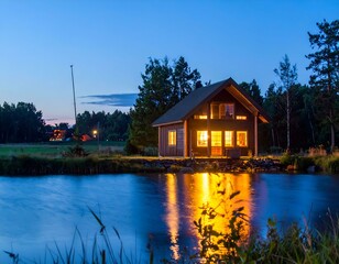 Obraz premium Illuminated lakeside cabin at twilight. Serene night scene, cozy wooden house reflecting in calm water.