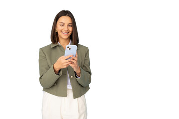 Happy businesswoman using mobile phone with transparent background