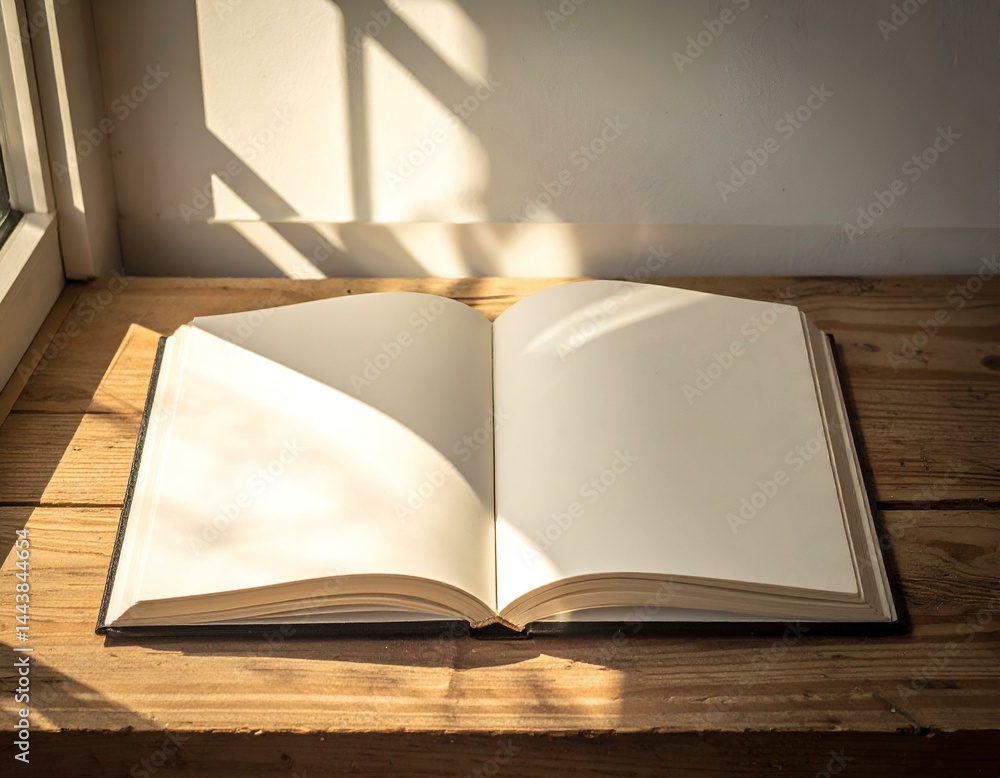 Poster open blank book on rustic wooden surface, sunlit. perfect for adding text or design.