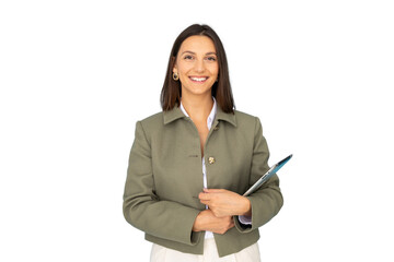 Studio portrait of smiling businesswoman holding tablet on transparent background